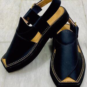 Black Leather Sandals, Men's Black Peshawari Chappal, Traditional Handcrafted